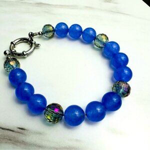 Natural Stone & Glass Bead Bracelet | Blue Gemstone with Faceted Accents